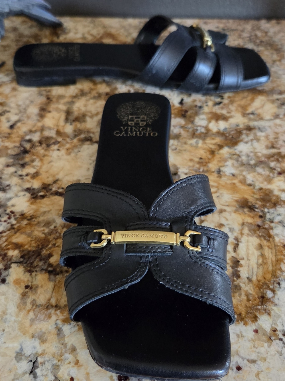 Vince Camuto Black Leather Slide Sandals with Gold Plaque